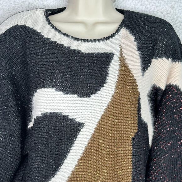 VTG 80s 90s Erika Sweater Large Black Brown Abstract Angora Lurex Knit Shimmer - Picture 2 of 11
